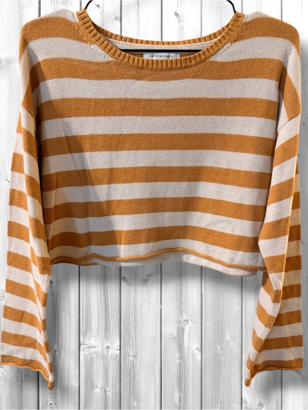 🌹American Eagle Outfitters Cropped Crew Neck Sweater in Mustard Cream Stripes